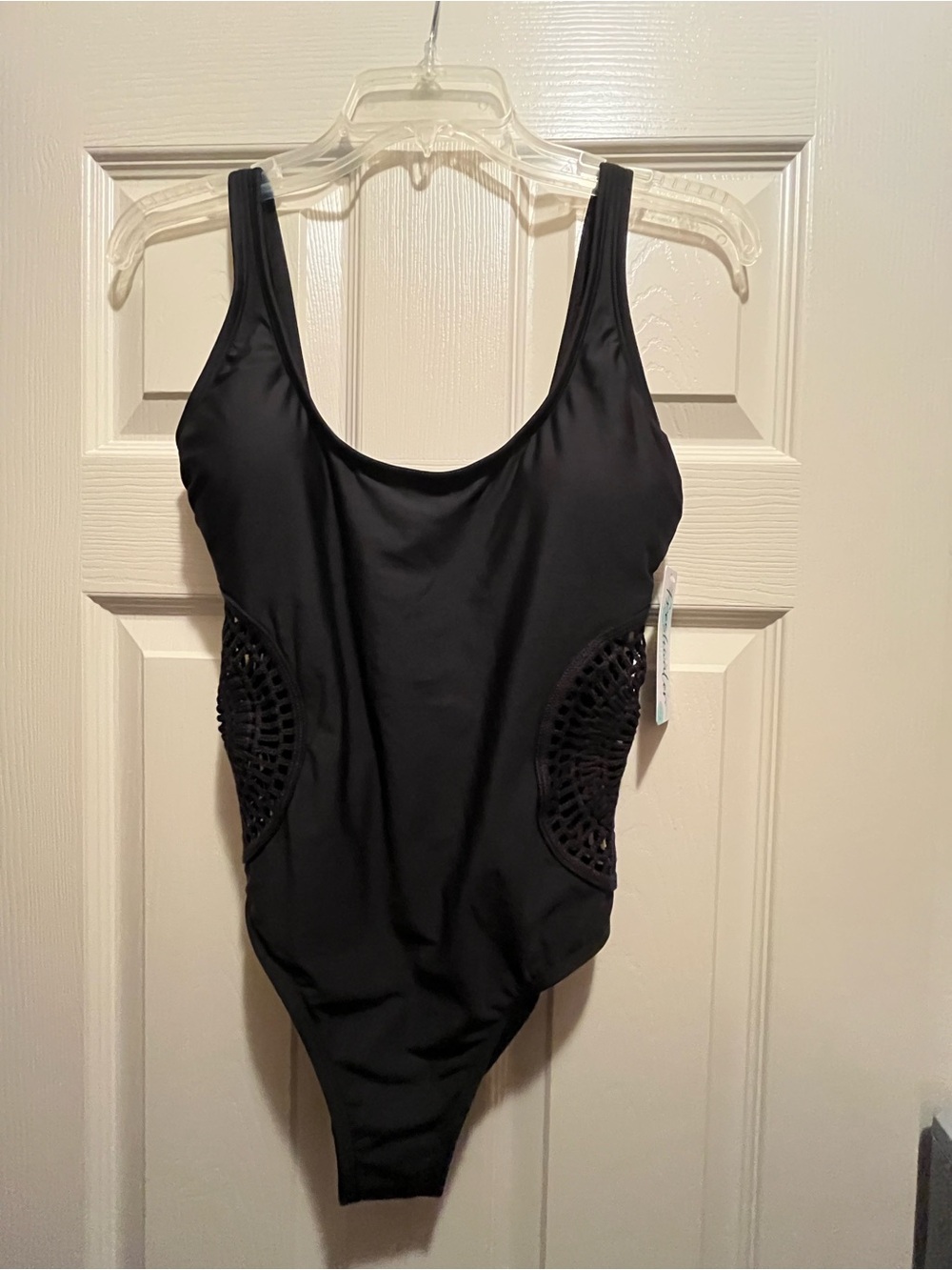 Freshwater Women's Solid Black One-Piece Swimsuit Crochet Side Panels Lined S